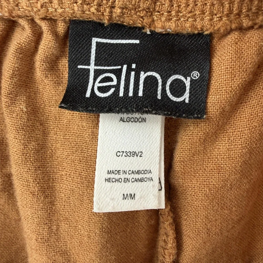 Felina Pants Womens M Brown Linen Cropped Wide Leg Elastic Waist Casual Pockets